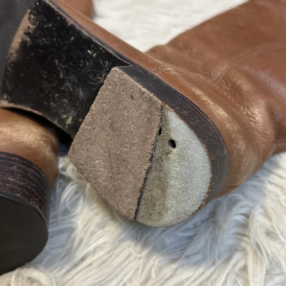 Tory Burch‎ Jolie Tall Pebbled Leather Riding Boots Gold Logo Brown 7.5 Read